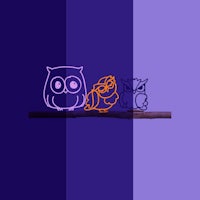 three owls sitting on a branch with a purple background